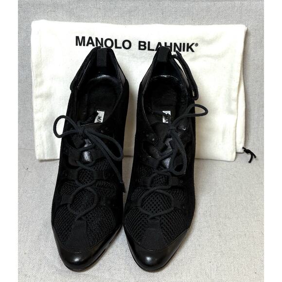 Manolo Blahnik Black Suede Lace Up Shoe Boot Heel sz US 6.5 Y2K W/ Dust Bag - Picture 3 of 6